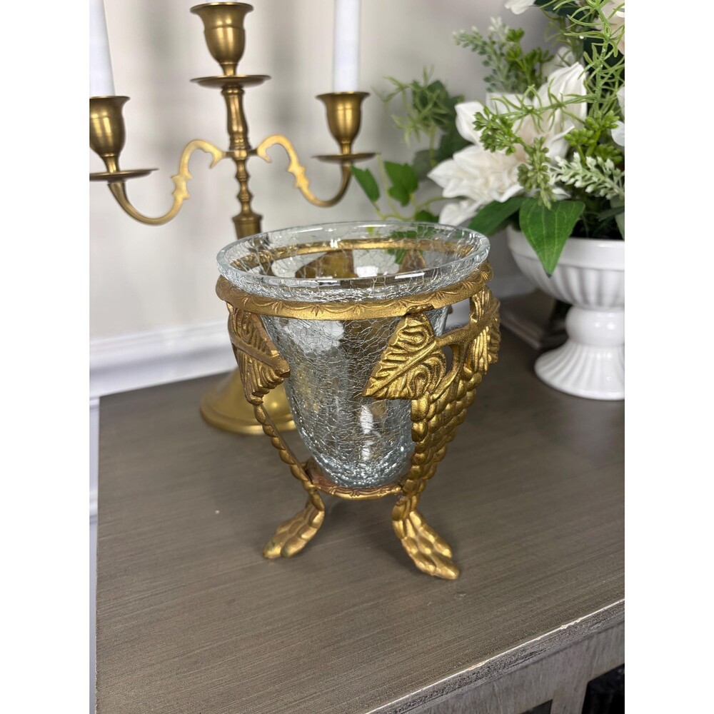 Vintage Crackle Glass Vase With Ornate Brass Grape Leaf Tripod Stand Table Decor